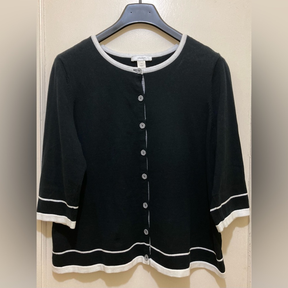 CJ Banks Sweater Women 1X Black White Gingham Plaid ButtonUp 3/4 Sleeve Academia